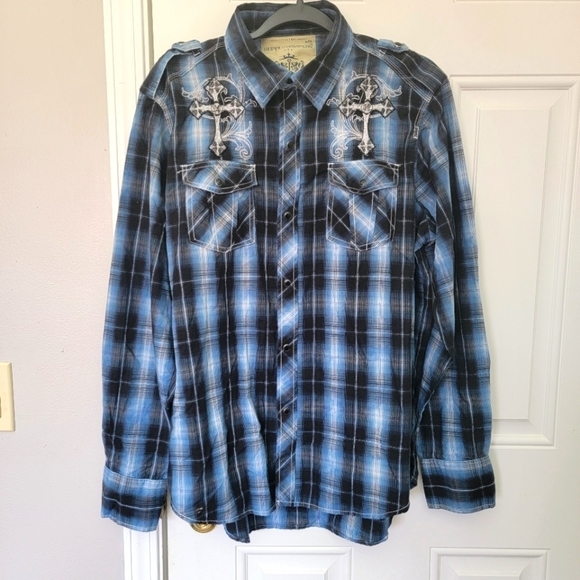 Supply Company USA Other - Supply Company USA Blue Plaid Affliction Style Black Pearl Snap Shirt Size L